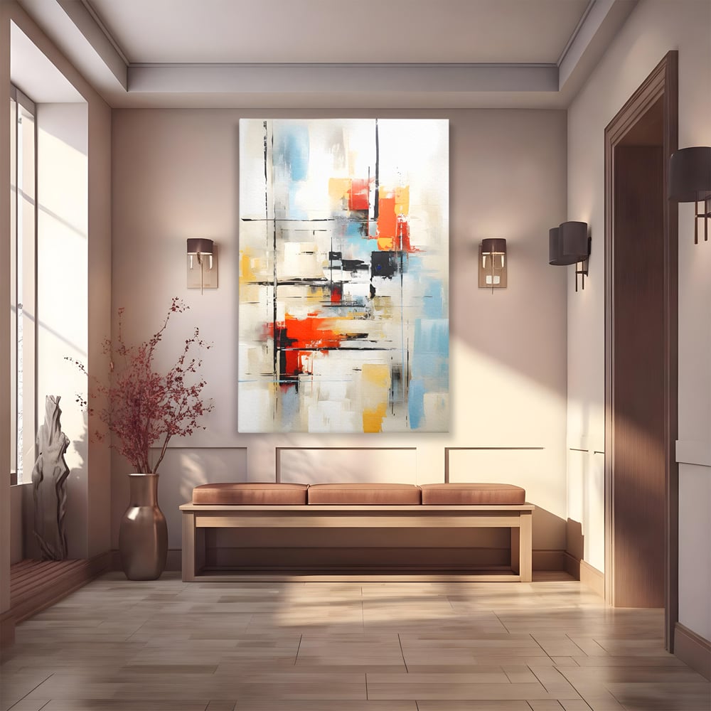 Tablou canvas cu pictura abstracta cu linii si pete, fara rama, pe sasiu de lemn